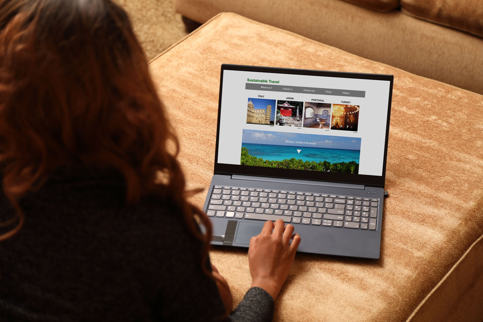 Sustainable Travel African-American Woman Checks Website